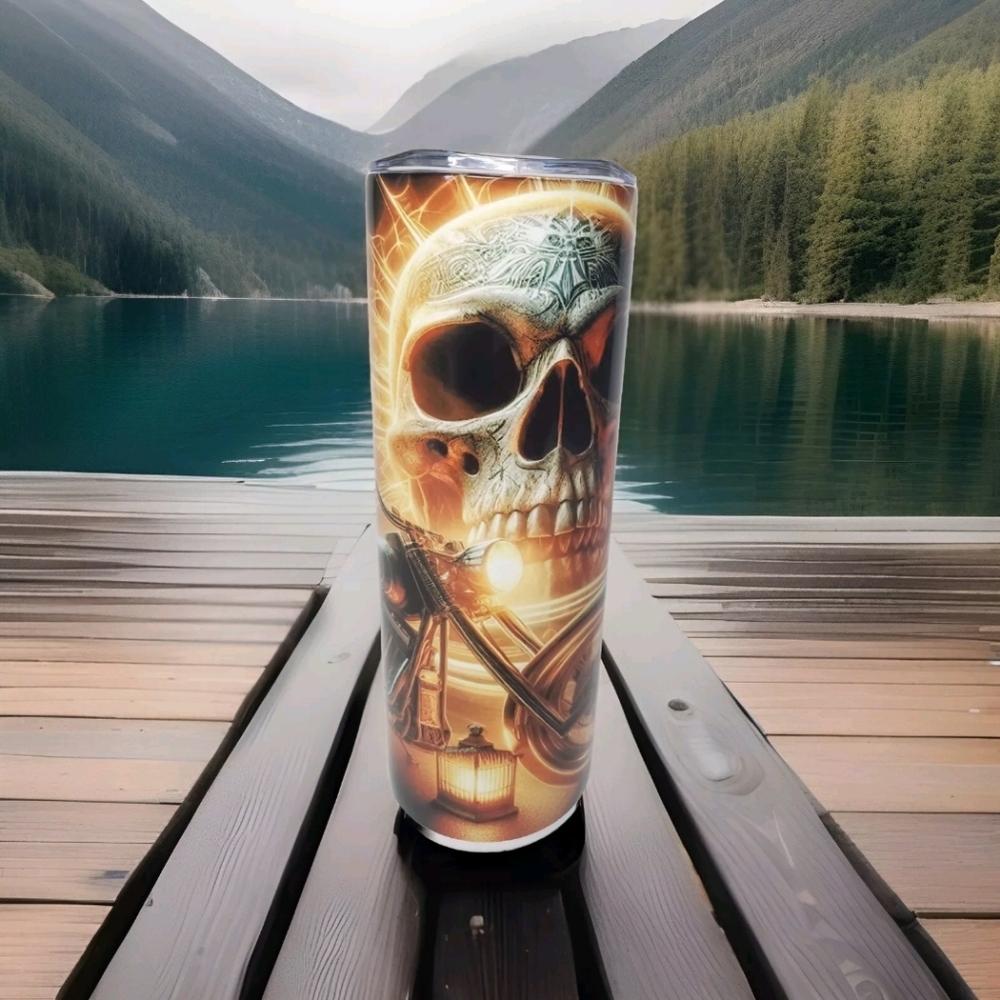 Skull Motorcycle Sky 20oz Skinny Stainless Steel Tumbler – Handmade Sublimated